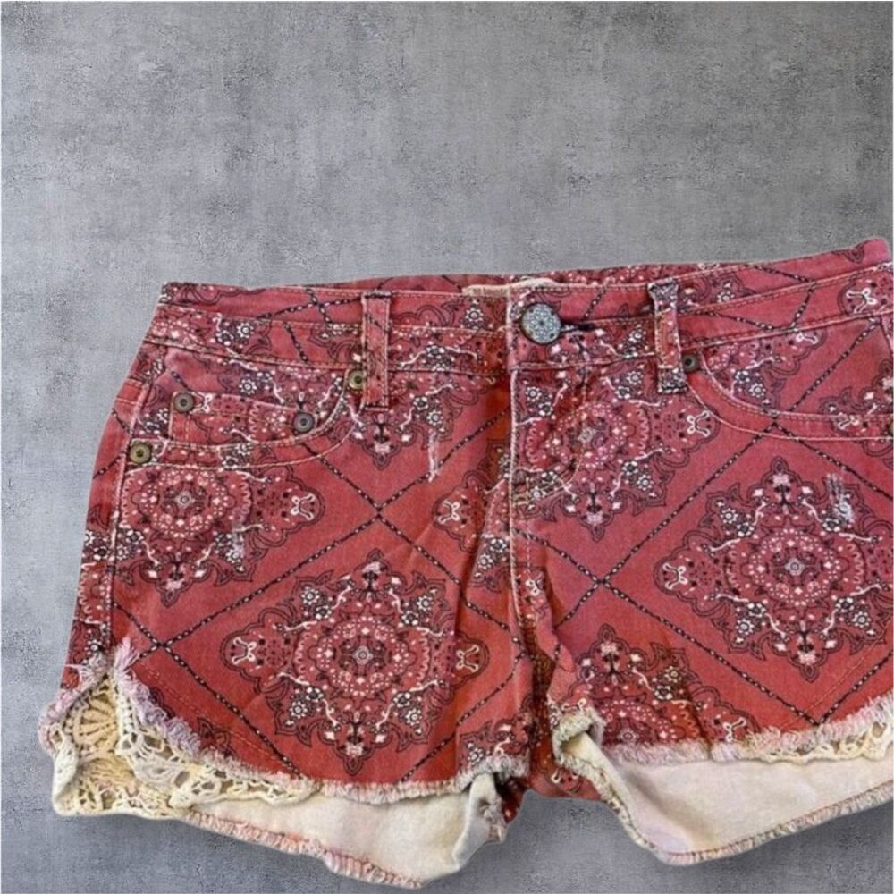 Vintage Red Distressed Denim Bandana Print Shorts 5
